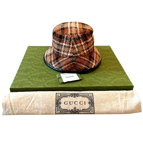 GUCCI GG Elevation Tweed Tartan Bucket Hat Cap 728469 Brown 